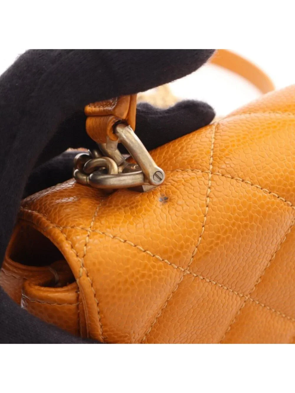 Chanel Shoulder Bag Quilted Top Handle 2-Way Orange Caviar Leather Chain